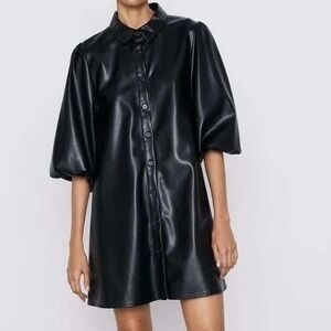 Zara Black Faux Leather Puff Sleeve Button Down Shirt Dress TunicLarge 4369/250